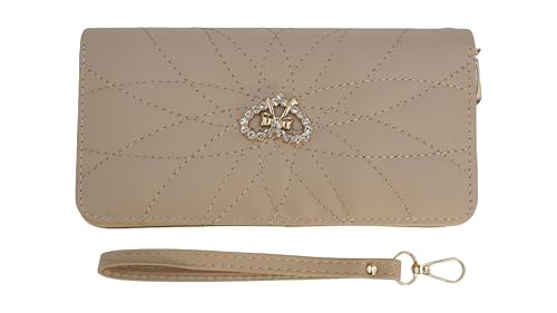 Women's Quilted Wallet with Crystal Bow, Detachable Wristband, Large Capacity Handbag, Phone Bag, Apricot, 7.67 x 3.93 inches4