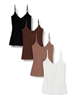 Amazon Essentials Women's Slim-Fit Knit V-Neck Layering Camisole with Adjustable Straps (Available in Plus Size), Pack of 4, Brown/Multi Color, XX-Large