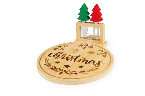 Excelsa Christmas Wood Tagliere Natalizio in Legno con Coltelli da Formaggio, Decorazione Christmas con Alberelli
