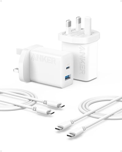 Anker USB C Plug, 2-Pack 20W Dual Port USB Fast Charger Plug, Charger for iPhone 17/16/ 15/15 Pro/15 Pro Max, iPad, AirPods, and More (2-Pack 5 ft Cables Included)