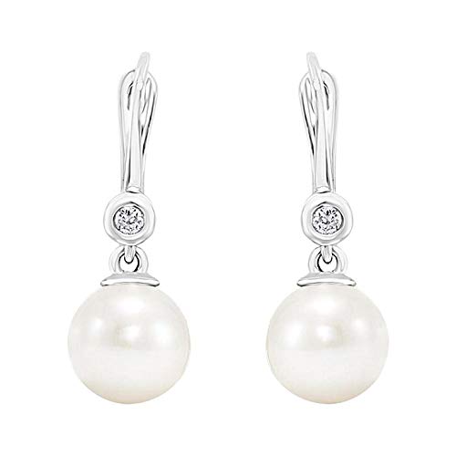 14K White Gold Aaaa 8-8.5Mm Natural Pink & White Round Cultured Freshwater Pearl & 0.06Ctw Diamond Accented 7/8" Leverback Drop Earrings (G-H Color, Si2-I1 Clarity) (White) #TOP24