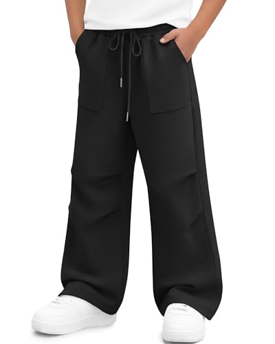 YooAurvox Boys Sweatpants Wide Leg Baggy Drawstring Elastic Waist Athletic Open Bottom Joggers with Pockets 5-14 Years(9-10 Years Black)