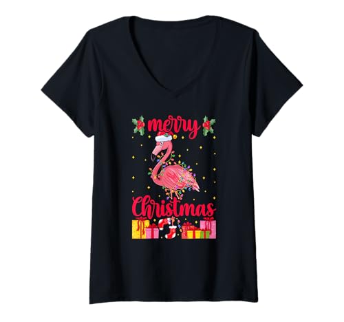 Donna Flamingo Santa Hat Xmas Lights - Flamingo Lover Christmas Maglietta con Collo a V