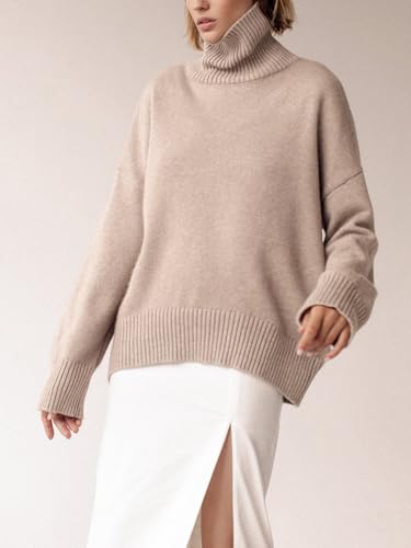 Image of YKR Women's Turtleneck Sweater Chunky Long Sleeve Knitted Pullover High Low Hem Trendy 2026 Fall Winter Basic Jumper Top