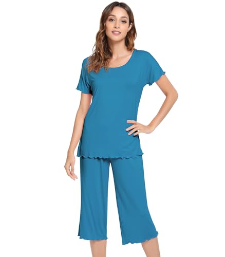 Image of NACHILA Women's Bamboo Viscose Pajama Sets Summer Cooling Short Sleeve Capri Soft Pjs Night Sweats Moisture Wicking Sleepwear