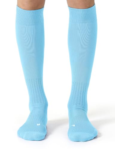 CelerSport 2 Pack Soccer Socks for Youth Kids Adult Over-The-Calf Socks with Cushion Sky Blue (2 Pack) Medium