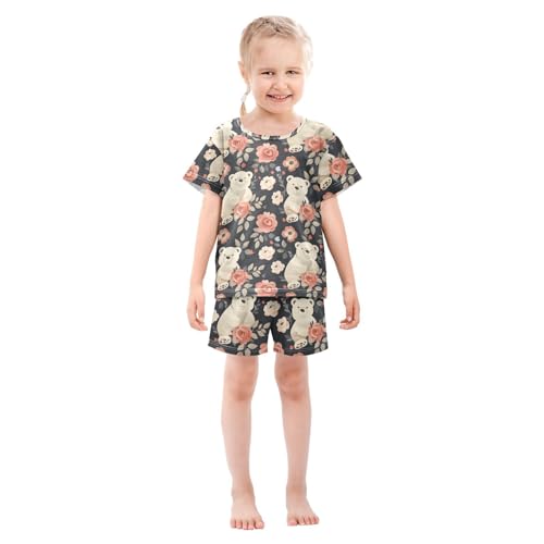 ALAZA Bear Rose Flower Floral Pajamas Short Sleeve 2 Piece Sleepwear Top and Bottom Pajama Set Unisex3