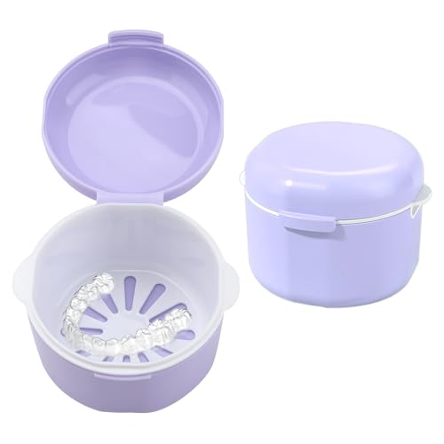 Caja para Dentaduras Postizas con Filtro y Cestillo, Contenedor de Ortodoncia en PP Ecológico, Funda para Aparato Dental, Higiene y Almacenamiento Eficaz(morado)