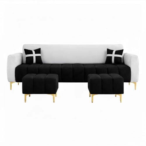 Image of Melody 3 Seater Modular L Shape Sofa Set with 2 Ottoman | Soft Velvet Upholstery, Sturdy Wooden Frame | Modern Sofa for Living Room, Hall & Office Spaces (Black-Light Grey)