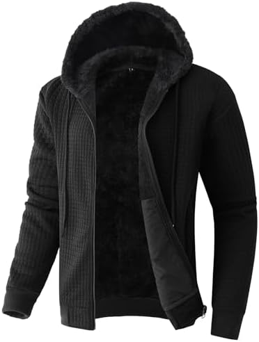 Flygo Mens Fleece Hoodie Jacket Jacquard PlaidCloth Zipper Sherpa...