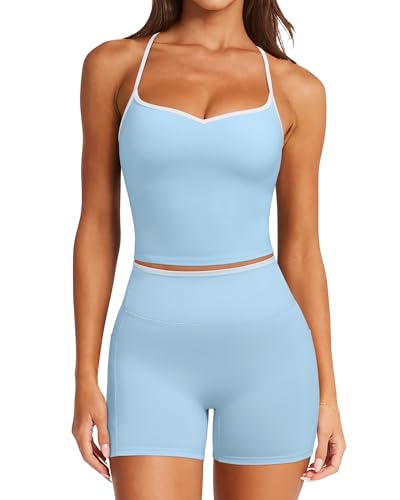 RXRXCOCO Color Block Workout Sets for Women 2 Piece Padded Strappy Tank Tops Hidden Scrunch Booty Shorts Gym Outfits with Pockets Light Blue Small