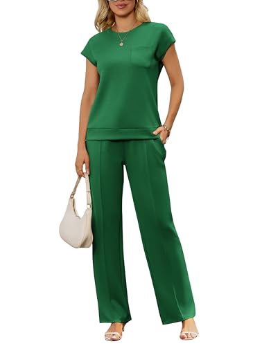 difficort Lounge Sets for Women 2 Piece Outfits Summer Cap Sleeve Tops Wide Leg Long Pants Going Out Casual Outfits Vacation Travel Matching Tracksuit Set,Green,Large