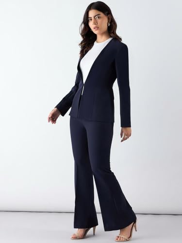 Image of Powersutra Women's Navy Blue Minimalist Regular Fit Blazer with Trousers in Stretchable Fabric | Casual Wear | Formal Suit | Single-Breasted Blazer with Collarless Neck & Button Closure for Office