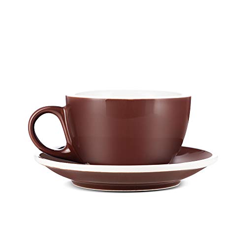 Espresso Parts Premium 12oz Latte Cups with Saucers I Set of 2 Cappuccino Mugs I Porcelain Superior To Ceramic Or Stoneware I Cappuccino Cups Set I Brown Latte Mugs For Latte Art