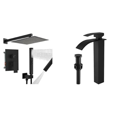 RUMOSE Matte Black Rainfall Shower System Shower Faucet Set and Bathroom Faucet 3 Hole