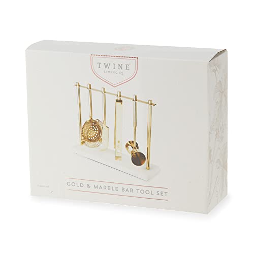 Twine Gold Barware Set, Hawthorne Strainer, Citrus Knife, Ice Tongs, Double Jigger, Marble Stand, Stainless Steel With Gold Finish, Set Of 4 #TOP6