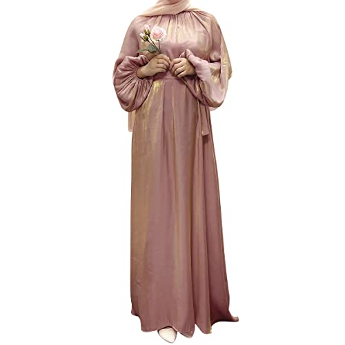 OBEEII Muslim Dress for Women Full Cover Long Sleeve Satin Islamic Arab Maxi Dress with Hijab Abaya Kaftan Clothes Khaki XL