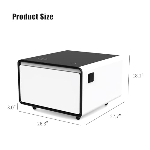 ZeHuoGe Modern Smart Side Table with Built-in Fridge, Wireless Charging, Temperature Control, Power Socket, USB Ports, Outlet Protection, Induction Light (Black+White)