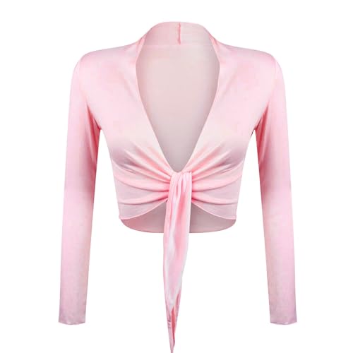 Gloop Damen Schöne, Elegante Bolero Jäckchen Langarm Bolero zum Knoten,Rosa,M