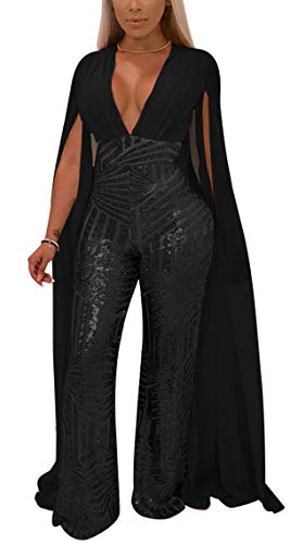 Speedle Women Sexy Deep V Angel Wings Sequin Glitter Tulle Backless Evening Party Playsuit Black XXL