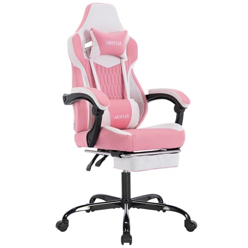 WOTSTA Gaming Chairs Massage Game Chair with Footrest Reclination Angle Adjustable Backrest Height Gamer Seat Equiped Retractable Wheels (Pink)