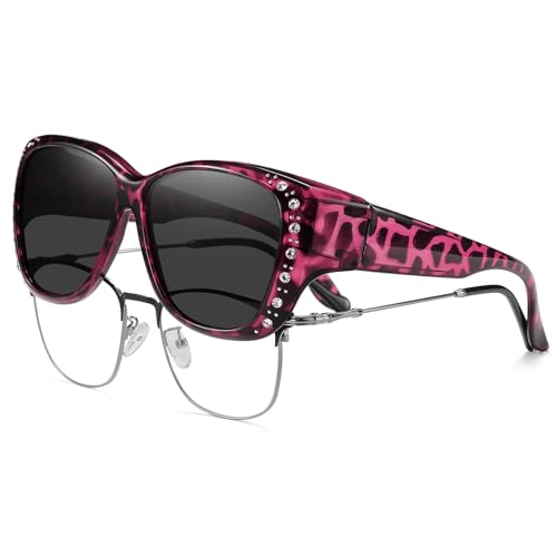 HAOLOTA Women's Polarized Fit Over Sunglasses with Rhinestone, Sun Glasses for Prescription Glasses UV400 Protection M Size Purple Leopard Frame / Grey Lens