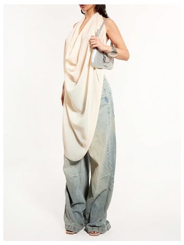 OYOANGLE Women's Backless Cowl Neck Sleeveless Tank Top Draped Front Chiffon Trendy Tops4