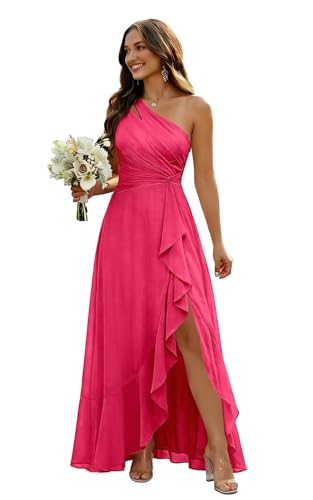SNOWROSE Elegant Ruffles Bridesmaid Dresses Ruched Hot Pink One Shoulder