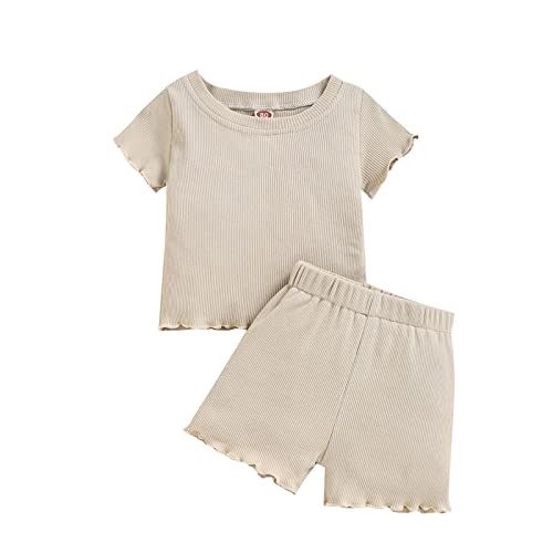 Image of Toddler Girl Clothes Summer Outfit Short Sleeve Shorts Set 12M-5T | Soft ribbed knit toddler girl outfit with breathable fabric, ruffle top, comfy shorts and stretchy fit for summer daily wear.