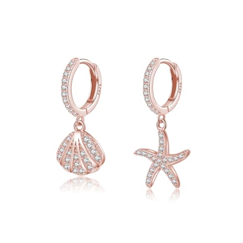 Image of SLUYNZ 925 Sterling Silver CZ Seashell Hoop Earrings for Women Teens Starfish Huggie Earrings Dangle Beach Earrings (C-Rose Gold)