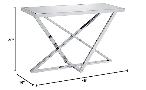 Furniture Of America Beaumint Luxury Glam Rectangular Mirror Top 48 In. Sofa Table With X-Cross Base For Display, Decorate Living, Hallway, Bedroom, Dressing Room, Chrome #TOP2