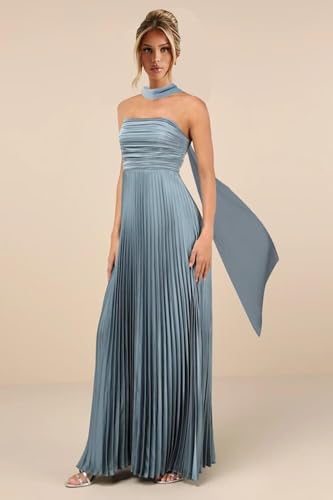 Satin Halter Bridesmaid Dresses for Women Strapless A Line Prom Dress 2025 Ruched Long Formal Gown with Scarf3