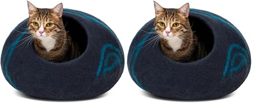 MEOWFIA Cat Cave &ndash; Premium Felt Cat Bed for Indoor Cats, Handmade 100% Merino Wool, Cat (Large, Black Aqua) (Pack of 2)