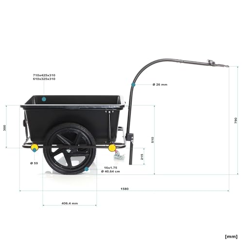 Wiltec Fahrrad Lastenanhänger 158x69x51 cm bis 80 kg, Fahrradanhänger mit 90 L Transportwanne, Kupplung und Luftreifen, Handwagen Anhänger für Fahrrad