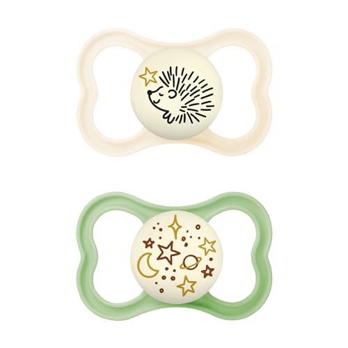 MAM Supreme Night - Juego de 2 tetinas luminosas, ideales para un desarrollo saludable de los dientes y la mandíbula, previene la irritación de la piel, con caja de chupete para bebés de 6 a 16 meses