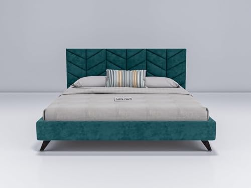 Image of Craft Modern Upholstered King Size Bed for Bedroom | Wooden Double Bed | Platform Cot Bed with Upholstery Premium Fabric | 6.5 x 6 Ft | Sheesham Wood Turquoise, Brown