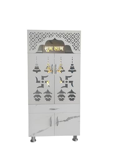 Image of Home Temple Pooja Mandir with LED Light, White Engineered Wood, Traditional Indian Style, 51x24x13 Inch, Om Symbol Design