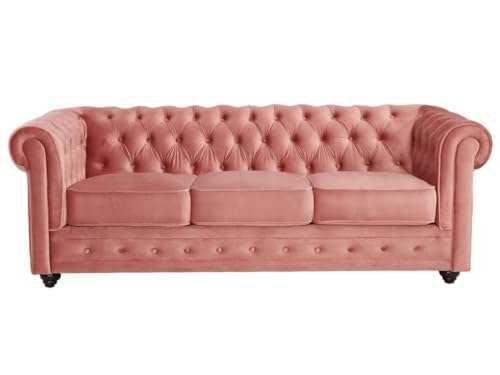 Image of Modern and Stylish 3 Seater Chesterfield Luxury Sofa with Valvet and Fabric Comfortable Sofa for Living Room, Dining Room, Hallway, and Office-(Pink).