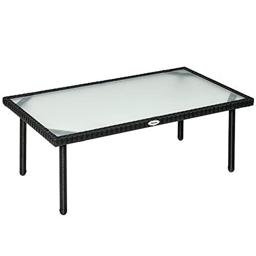 Outsunny Table Basse de Jardin Plateau Verre trempé 5 mm résine tressée Imitation rotin Noir