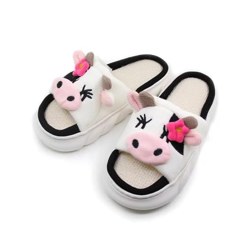 Loizziuy Cow Linen Summer Slippers for Indoor Outdoor Open Toe Breathable Anti-Slip Thick Sole Kawaii Cartoon Comfort Sandals
