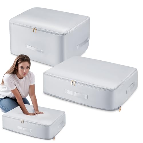 QCXWCJWD 2Pcs Ultra Space Saving Self Compression Organizer, Compression Duvets Storage Bag, Compression Packing Cubes with Zipper, Heavy Duty Moving Bags Expandable Packing Organizers (L+XL) -Grey