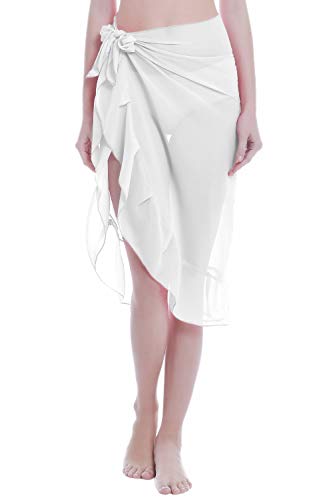 ChinFun Women's Ruffle Sarongs Cover Up Beach Wrap Slit Skirts Bathing Suit Shawl Semi-Sheer Swimwear Solid White