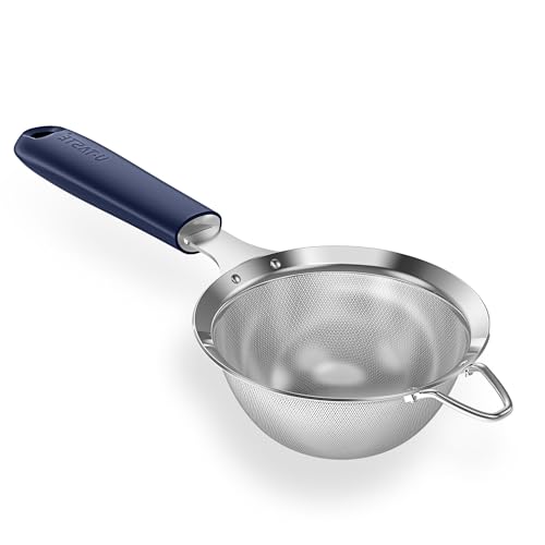 Image of U-Taste 10 cm Fine Mesh Strainer, Small 18 /8 Stainless Steel Cooking, Baking, 30 Mesh Kitchen Strainer with Silicone Handle for Flour, Tea, Juice, Seeds, Coffee, Quinoa (Midnight Blue)