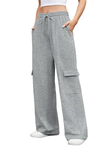 Image of Shephorion Women's Wide Leg Joggers with Pockets - High Waisted Stretchy Lounge Sweatpants for Yoga Gym Casual Wear (LightGrey, L)