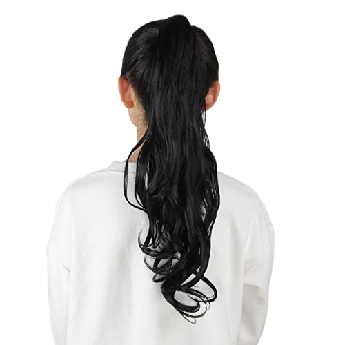 32 Inch Flexible Wrap Around Ponytail Extension Long Ponytail Hair Extensions Curly Blonde Synthetic Ponytails Hairpiece For Women 1 Pack,1B(Natural Black) #TOP3