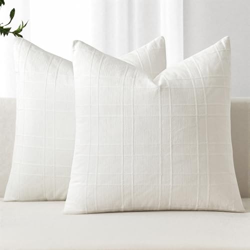 Image of MIULEE Decorative Linen Check Throw Pillow Covers Neutral Farmhouse Vintage Pillow Covers 18x18 Set of 2 Boho Modern Home Decor for Sofa Couch Bedroom Cushion Cream White