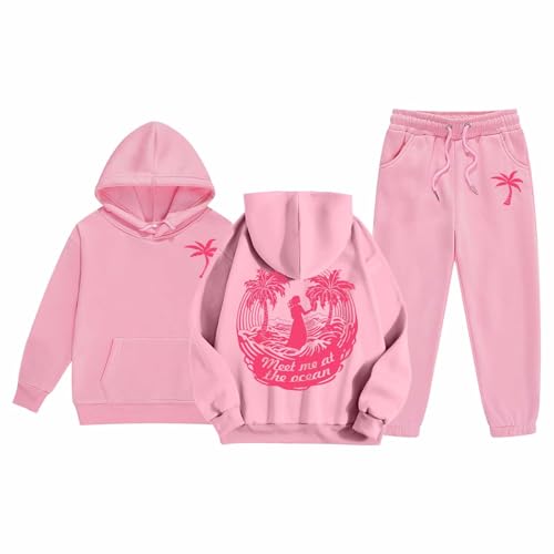 Palm Graphic Hoodies for Teenss Sweatsuits 2 Piece Set Meet Me at The Ocean 1962 Pink Hoodies Pom Puff Sweatpants Preppy Clothes Teen Girl Outfits 7-8 Years Boys Hoodies