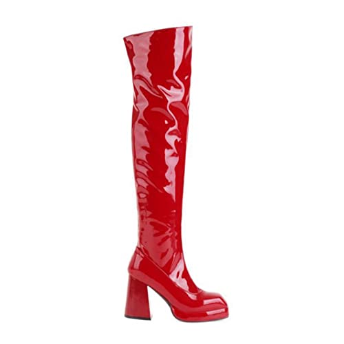 Bottes de mode hautes sur le genou en cuir verni noir avec zip et talon épais 10cm