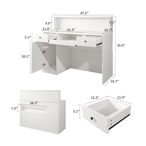 VOWNER Reception Desk with LED Lights and Power Outlets, Retail Counter Reception Counter Table with Drawers, for Salon Lobby Checkout Office, White (47.2" W x 18.7" D x 39.4" H)