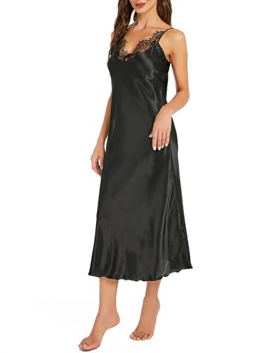 Image of Litherday Silk Nightgown for Women Long Satin Slip Dress Nightdress Silky Chemise Nightie Soft V Neck Nightwear